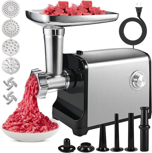 Electric Meat Grinder Heavy Duty for Home Use, 3200W Max | Meat Grinder & Sausage Maker with 2 Blades, 4 Grinding Plates, 3 Sausage Tubes, Kibbe Kit, Stainless Steel, Easy to Use in Saudi Arabia