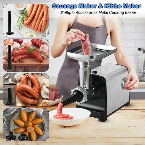 Electric Meat Grinder Heavy Duty for Home Use, 3200W Max | Meat Grinder & Sausage Maker with 2 Blades, 4 Grinding Plates, 3 Sausage Tubes, Kibbe Kit, Stainless Steel, Easy to Use in Saudi Arabia
