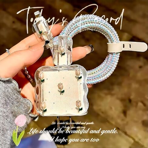 Charger Cover for iPhone 18W/20W Charging Cord Protector,Cute Flower Elegant Tulips Design,Clear DIY Soft Charger Cord Protector Cable Saver for iPhone 13 14 15 16 Pro Max Charger Adapter in Saudi Arabia
