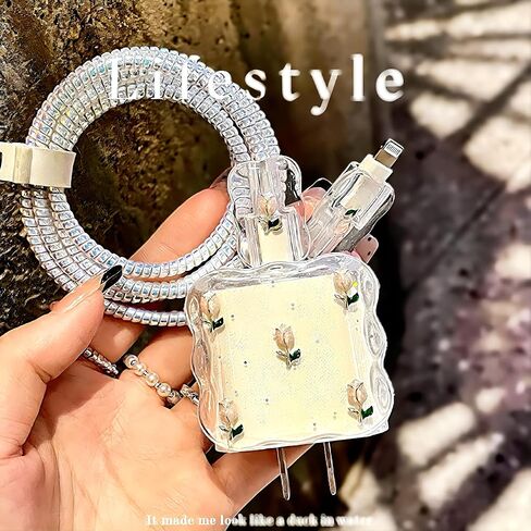 Charger Cover for iPhone 18W/20W Charging Cord Protector,Cute Flower Elegant Tulips Design,Clear DIY Soft Charger Cord Protector Cable Saver for iPhone 13 14 15 16 Pro Max Charger Adapter in Saudi Arabia