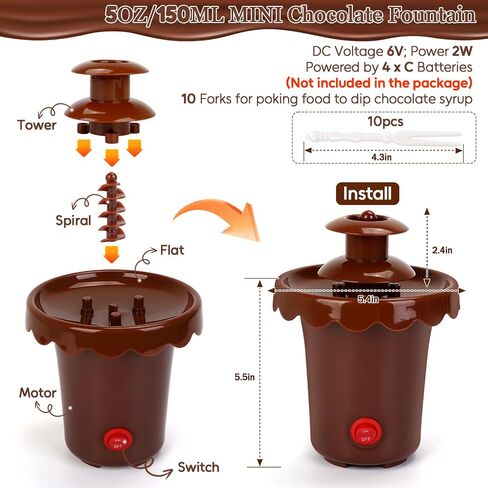 5-OZ Mini Chocolate Fountain with 10 Forks, 2-Tier Mini Chocolate Dipping Machine for Use Only with Chocolate Syrup, fit for Parties, Daily Use, Powered by 4 x C Batteries (Not Included) in Saudi Arabia