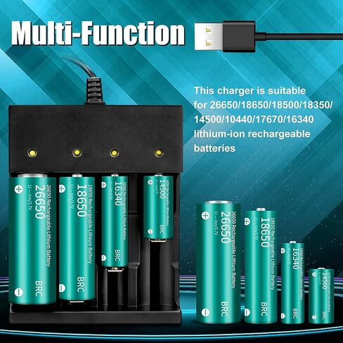 18650 Battery Charger 4 Bay Smart Universal Charger for 3.7V Rechargeable Lithium Li ion Batteries Compatible 18650 26650 21700 10400 14500 16340 16650 18500 Battery Charger (Only USB Charger) in Saudi Arabia