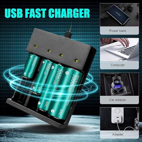 18650 Battery Charger 4 Bay Smart Universal Charger for 3.7V Rechargeable Lithium Li ion Batteries Compatible 18650 26650 21700 10400 14500 16340 16650 18500 Battery Charger (Only USB Charger) in Saudi Arabia