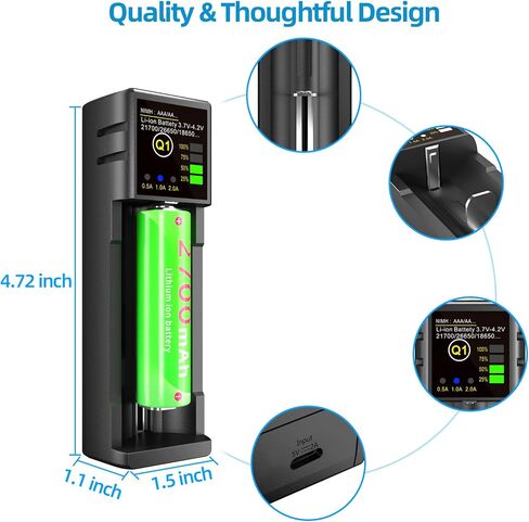 شاحن بطارية 18650، شاحن بطارية واحد مع شاشة LCD ذكية شحن سريع للبطاريات القابلة لإعادة الشحن Li-ion NI-MH NI-Cd AA AAA C 21700 26650 13650 16340 18350 18700 RCR123 in Kuwait