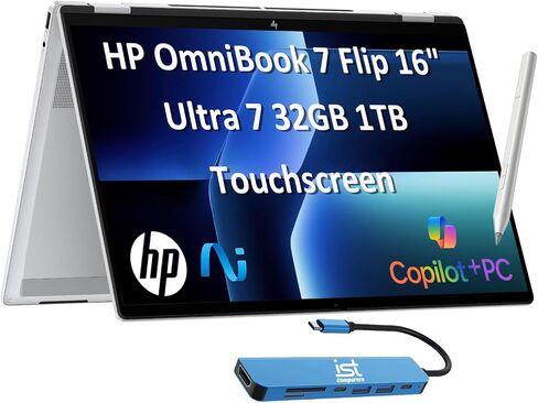 HP OmniBook 7 Flip 16 inch 2-in-1 Next Gen AI PC, 2K Touchscreen Display, Intel Core Ultra 5 226V, 16 GB RAM, 512 GB SSD, Intel Arc 130V GPU, Windows 11 Home, Copilot+ PC, Glacier Silver, 16-au0000nr in Kuwait