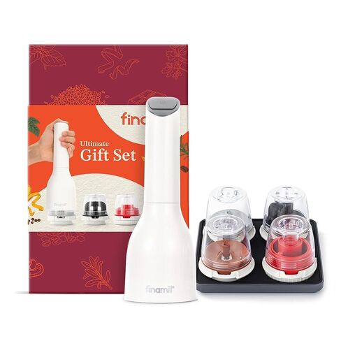 FinaMill Ultimate Gift Set, Spice Mill with 4 Interchangeable Spice Pods | Battery Operated Spice Mill with 4 Interchangeable Pods & Quartet Stackable Tray, Adjustable Coarseness, Ceramic Grinder in Kuwait