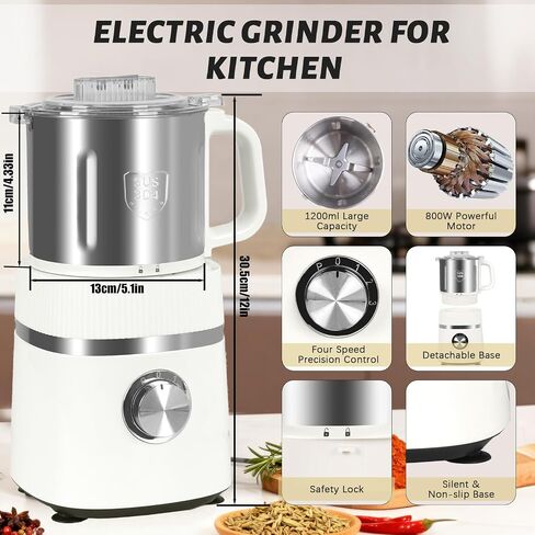 Electric Grinder for Kitchen, 800W Spice Grinder with Detachable Bowl | Versatile grain herb grinder with adjustable speeds and speed control for spices, coffee, grains, nuts, and herbs. in Saudi Arabia