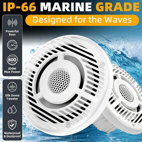 مكبرات صوت HarbourWave 6.5 Marine، مكبرات صوت قارب مقاومة للماء بقدرة 800 وات IPX6، مكبرات صوت بحرية متحدة المحور مقاس 6 1/2 بوصة ثنائية الاتجاه، مقاومة للأشعة فوق البنفسجية والملح، لون أبيض نظيف غير LED، زوج in Kuwait