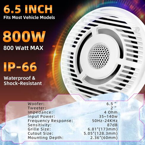 مكبرات صوت HarbourWave 6.5 Marine، مكبرات صوت قارب مقاومة للماء بقدرة 800 وات IPX6، مكبرات صوت بحرية متحدة المحور مقاس 6 1/2 بوصة ثنائية الاتجاه، مقاومة للأشعة فوق البنفسجية والملح، لون أبيض نظيف غير LED، زوج in Kuwait
