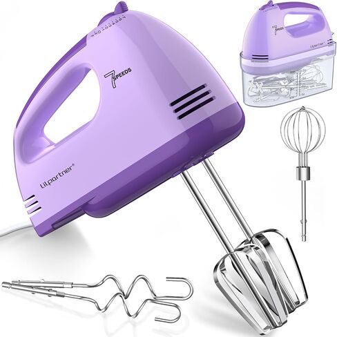 LILPARTNER Electric Hand Mixer with Storage Box, Ultra Power Kitchen Hand Mixer With 7-Speed & 5 Stainless Steel Accessories for Whipping Dough, Cream, Cake, Dishwasher Safe, PINK BOX in Saudi Arabia