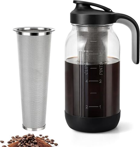 64 oz Cold Brew Coffee Maker with Stainless Steel Filter, Wide Mouth | 2 Quart Glass Mason Jar Pitcher with Pour Spout Lid, Iced Coffee Maker for Fridge, Leak-Resistant, Non-Slip Silicone Base in Kuwait