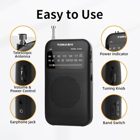 TOMASHI Portable AM FM Radio, Pocket Battery Operated Transistor Radio | Clear reception with built-in speaker and earphone jack. Compact mini radio for walking, travel, home and emergency use. in Saudi Arabia