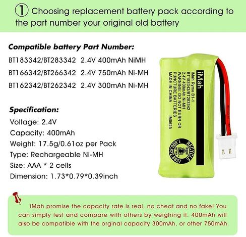 iMah BT183342/BT283342 2.4V 400mAh Ni-MH Battery Compatible with AT&T CL82207 EL52100 EL50003 VTech CS6709 CS6609 CS6409 BL102-3 Handset Replace Battery BT166342 BT266342 BT162342 BT262342, 2-Pack in Kuwait