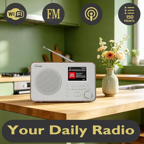 LeMega IR1PRO Internet Radio, Podcasts, Bluetooth, FM, Walnut | Alarm clock, full colour display, mains or AA battery, compact kitchen radio, snooze, sleep timer, 150 unified presets in Saudi Arabia