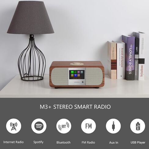 LEMEGA M3+ Internet Radio, Podcasts,Spotify, Bluetooth, FM Stereo, Walnut | Full colour display, 40 presets, remote control, acoustic wooden cabinet, headphone jack, USB, AUX-in, dual alarms clock in Saudi Arabia