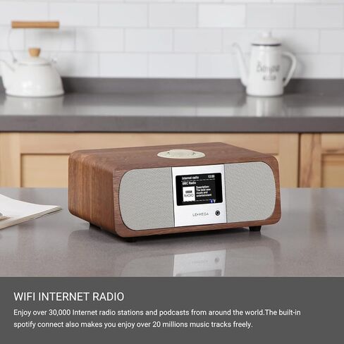 LEMEGA M3+ Internet Radio, Podcasts,Spotify, Bluetooth, FM Stereo, Walnut | Full colour display, 40 presets, remote control, acoustic wooden cabinet, headphone jack, USB, AUX-in, dual alarms clock in Saudi Arabia