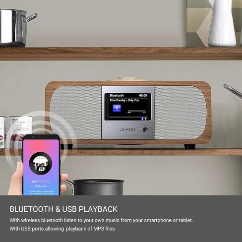 LEMEGA M3+ Internet Radio, Podcasts,Spotify, Bluetooth, FM Stereo, Walnut | Full colour display, 40 presets, remote control, acoustic wooden cabinet, headphone jack, USB, AUX-in, dual alarms clock in Saudi Arabia