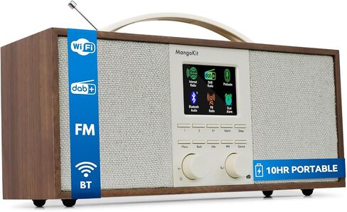 SR40 Stereo Internet Radio WiFi, Podcast, Bluetooth, FM, 10hr Play | Wooden Cabinet with True 2.0 Stereo, AUX-in, Rechargeable & Handle, 150 Presets, Alarm & Sleep Timer, Headphone Jack, Walnut in Saudi Arabia