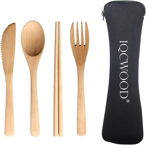 Portable Wooden Cutlery Set for Travel and Camping - 4 Piece Set With Reusable Wooden Spoon, Fork, Knife and Chopsticks in Kuwait