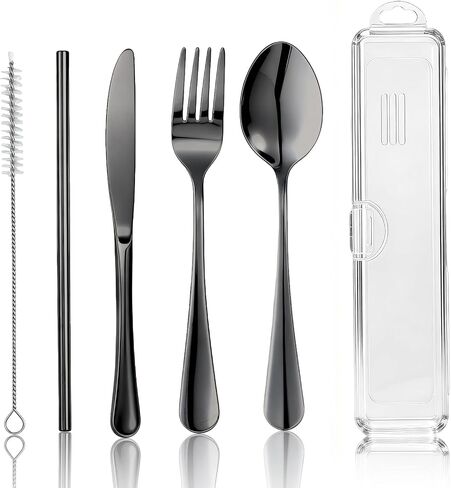 Travel Camping Utensils with Case, 6 Pcs Reusable Stainless Steel Silverware Cutlery Set, Spoon, Fork, Knife + Straw/Brush Kit for Camping, Travel, Office, Lunch Box, Eco On-the-Go (silver) in Saudi Arabia