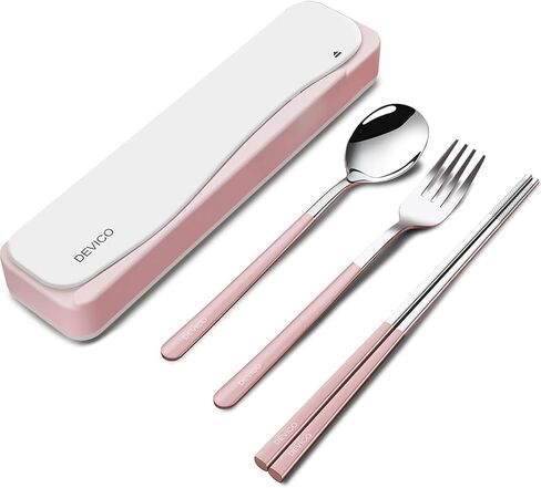 DEVICO Travel Utensils with Case, 4Pcs Portable Silverware Set for Work, 18/8 Stainless Steel Reusable Cutlery, Korean Spoon and Chopsticks Fork for Camping, School, Lunch Box Accessories (Pink) in Saudi Arabia