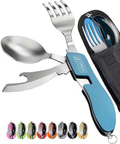 Orblue 4-in-1 Camping Utensils, 1-Pack, Portable Stainless Steel Spoon, Fork, Knife & Bottle Opener Combo Set - Travel, Backpacking Cutlery Multitool Olive Green in Saudi Arabia
