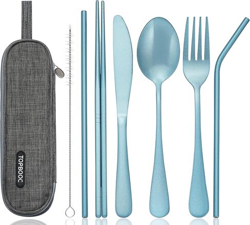 Travel Utensils Set with Case – 8-Piece Reusable Stainless Steel Camping Cutlery Set for Lunchbox, Office, School – Portable Fork Spoon Knife Chopsticks – Dishwasher Safe – Black in Saudi Arabia