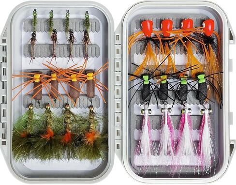 Bass Flies – 28Pcs Top Water Flies, Poppers, Foam Beetles, Woolly Bugger & Clouser Minnow Streamers, Dry Wet Nymphs, Sizes #6-#16, Ideal July-September Summer Bass Fishing for Lakes, Rivers & Streams in Saudi Arabia