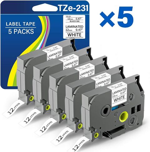 TZE-231 Label Maker Tape 12mm 0.47 Laminated Black on White 1/2" x 8m Replacement for Ptouch TZ TZE TZE231 Label Tape Cassette for PT-D220 PTD220 D220 PT-D210 PTD210 PT-H110 PT-D200 PT-D410 (5 Packs) in Saudi Arabia