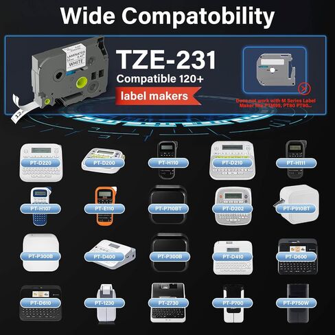 TZE-231 Label Maker Tape 12mm 0.47 Laminated Black on White 1/2" x 8m Replacement for Ptouch TZ TZE TZE231 Label Tape Cassette for PT-D220 PTD220 D220 PT-D210 PTD210 PT-H110 PT-D200 PT-D410 (5 Packs) in Saudi Arabia