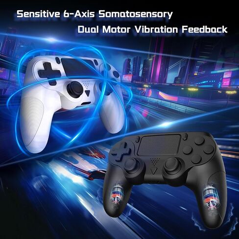 Huniquedec 2 وحدة تحكم لاسلكية لجهاز PS4/Pro/Slim/PC مع قبضة مضادة للانزلاق واهتزاز مزدوج، قبضة مريحة، كابل USB-C، متوافق مع بلاي ستيشن 4 (أسود وأبيض) in Saudi Arabia