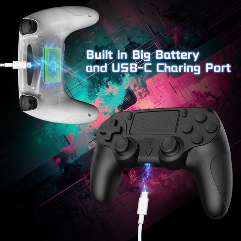 Huniquedec 2 وحدة تحكم لاسلكية لجهاز PS4/Pro/Slim/PC مع قبضة مضادة للانزلاق واهتزاز مزدوج، قبضة مريحة، كابل USB-C، متوافق مع بلاي ستيشن 4 (أسود وأبيض) in Saudi Arabia