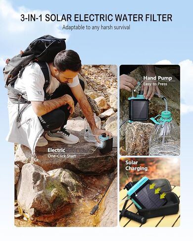 BKLES 3-in-1 Water Filter System for Survival Gear & Emergency Preparedness | 6-stage portable solar electric purifier with hand pump, 0.01 Micron, 1800 gallons for camping, hiking, backpacking, travel in Saudi Arabia