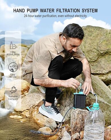 BKLES 3-in-1 Water Filter System for Survival Gear & Emergency Preparedness | 6-stage portable solar electric purifier with hand pump, 0.01 Micron, 1800 gallons for camping, hiking, backpacking, travel in Saudi Arabia