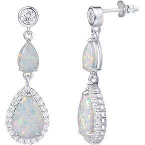 FANCIME October Birthstone Earrings Created Opal Dangle Earrings Sterling Silver 2 Stones White Fire Opal Halo Cubic Zirconia Long Teardrop Earrings for Women
