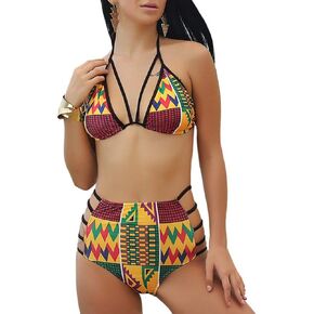 Charrost Women's African Tribal Totems Printing Padded Cutout High Waisted Push-Up Bikini Bathing Suit