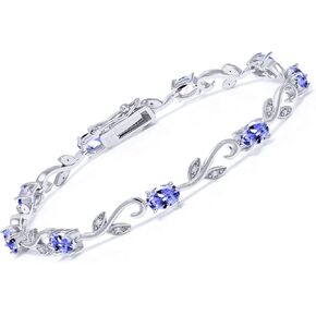 Gem Stone King 925 Sterling Silver Blue Tanzanite and White Diamond Greek Vine Tennis Bracelet For Women (4.18 Cttw, Gemstone Birthstone, Oval 6X4MM, 7 Inch)
