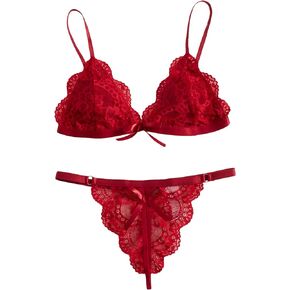 Milumia Women's Red Lace Lingerie Underwear Set Scallop Trim Bra & Underwear Set