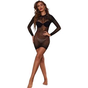 Women's Fishnet Backless Long Sleeves Sexy Lace Lingerie Mesh Mini Dress Bodysuits Sexy Pack Hip Skir