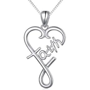 DAOCHONG S925 Sterling Silver Word Calligraphy Jewelry Faith Inspirational Message Charm Love Heart Pendant Necklace For Women Girls Men Boys,18 inches