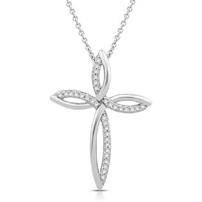 Jewelili Sterling Silver or Yellow Gold over Silver 1/8 Cttw Natural White Round Diamond Cross Pendant Necklace 18 Inches Rolo Chain