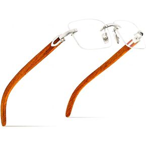 Men's Women's Rimless Vintage Small Woodgrain Rectangular 90's Retro Silver Metal Frame Hip Hop Clear Lens Glasses Trendy Square Buffs Eye Glasses