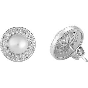 14K Gold Plated Brass Simulated Pearl Halo Stud Earrings with CZ