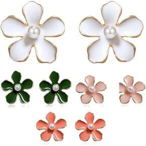 4 Pairs White Green Pink Red Flower with Pearl Stud Earrings Drip oil Ceramics Sweet for Wedding Party Womens Girls Sterling Silver Earrings Hypoallergenic in Kuwait
