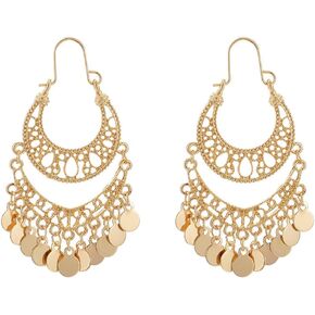 Bohemian Chandelier Tassel Sequins Dangle Drop Earrings Gold Filigree Earrings Coin Disc Hoop Earrings for Women Girls Statement Jewelry