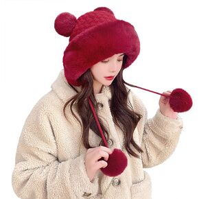 Women Girls Winter Warm Knitted Wool Plush Pom Pom Hat Cute Double Faux Fur Hairball Fleece Lined Beanie Crochet Skull Cap
