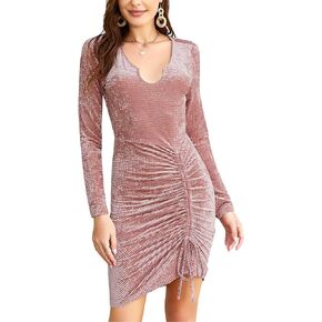 فستان نسائي قصير مكشكش من Leadingstar بأكمام طويلة ورقبة مدببة مثيرة وقابلة للتمدد لحفلات الكوكتيل in Kuwait