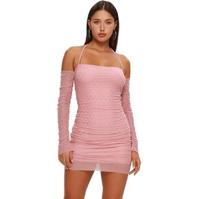 Long Sleeve Ruffle Hem Halter Neck Rhinestone Bodycon Ruched Mini Dress