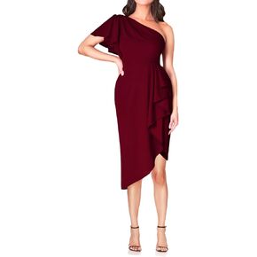 AOOKSMERY Womens One Shoulder Waterfall Ruffle Sleeve Midi Bodycon Dresses Semi Formal Wrap Cocktail Wedding Guest Dress