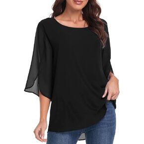 Womens Tops Dressy Casual Summer Chiffon Blouse 3/4 Sleeve Loose Mesh Tunic Shirts